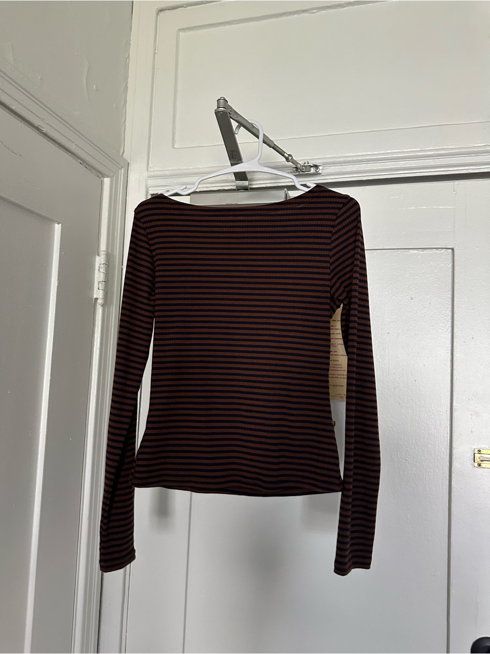 Striped Long-Sleeve Boatneck Top - Black & Brown